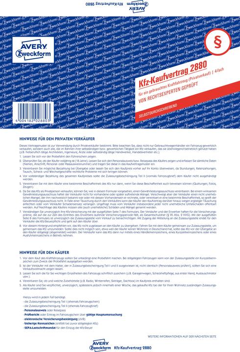 Actual product image Avery Contract of sale for a used motor vehicle (4 x)