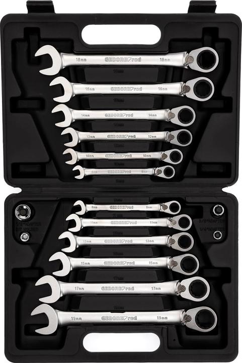 Actual product image Gedore red R07203016 Combination ratchet open-end spanner set SW8-19 mm 16 pieces (19 mm, 8 mm, 10 mm, 14 mm, 18 mm, 11 mm, 12 mm, 17 mm, 15 mm, 13 mm, 9 mm, 16 mm)