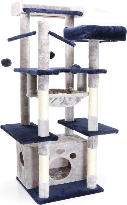Actual product image Fudajo Cat Tree Light Grey Scratching Tree 134cm High Climbing Tree with Cat House and Hammock (134 cm, Light grey, Blue)
