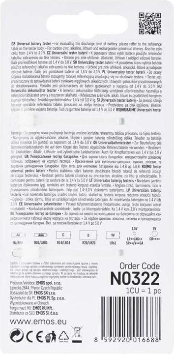 Valeurs nutritives et ingrédients Emos Testeur de piles AA, AAA, C, D, 9V, piles bouton