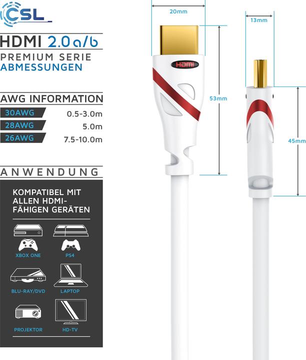Produktbild CSL HDMI Kabel 2.0b - 4k Ultra HD 2160p - 3D Ready - High Speed - 3 fach geschirmt - HDMI 2.0b 2.0a 2.0 (0.50 m, HDMI)
