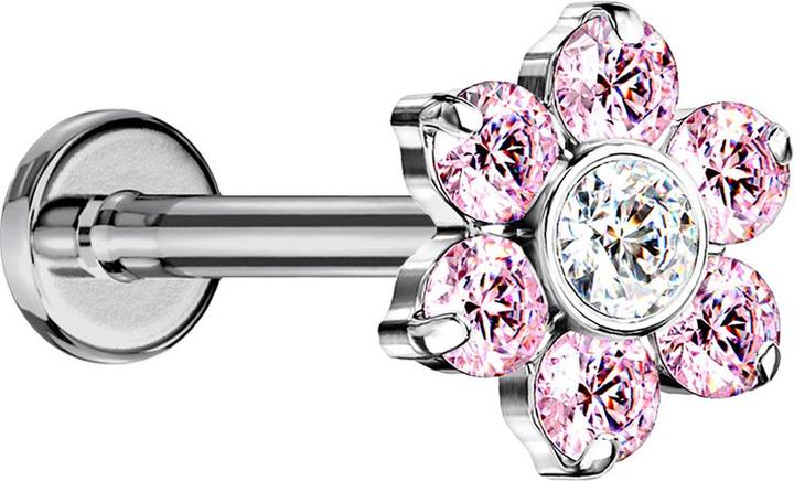Produktbild Star Piercing Micro Threadless Labret silber Blume Kristalle pink (ohne Messing, Titan G23)