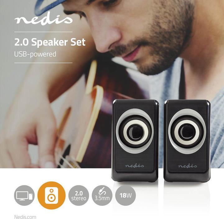 Actual product image Nedis PC loudspeaker 2.0 18 W Connections - Input: USB A plug / 1x 3.5 mm Power supply via