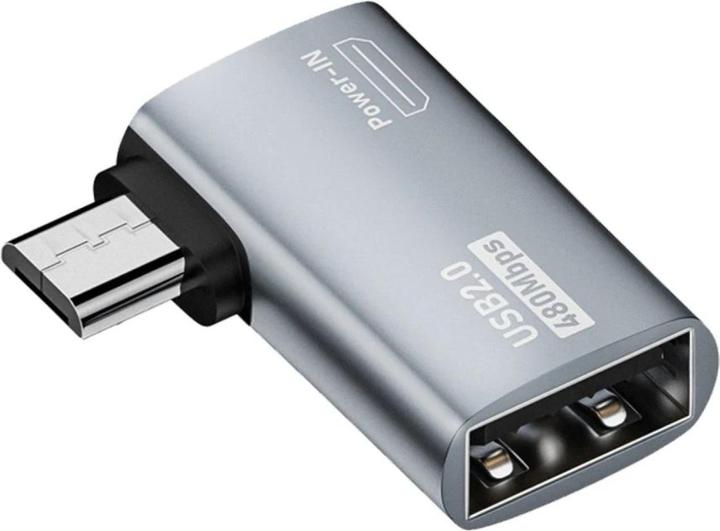 PowerGuard MicroUSB to USB 2.0 & Power-In Adapter 90 degree angle left (male/female) (Micro USB, USB 2.0)