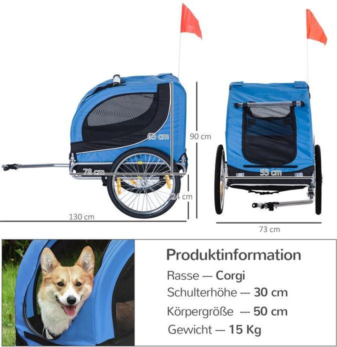 Image du produit Swisshandel24 Remorque pour chien Remorque pour vélo Transporteur pour chien Remorque pour vélo Bleu+Noir 130 x