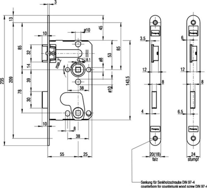 Actual product image BKS Zimmertür-Einsteckschloss 0215 nach 0215 20/8 mm DIN links abgerundet (Mortise lock)