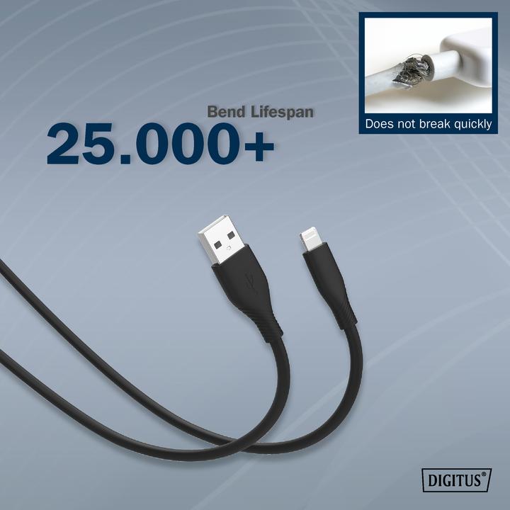 Actual product image Digitus Lightning silicone connection cable, USB-A - Lightning 0.5m, black (0.50 m, USB 2.0)