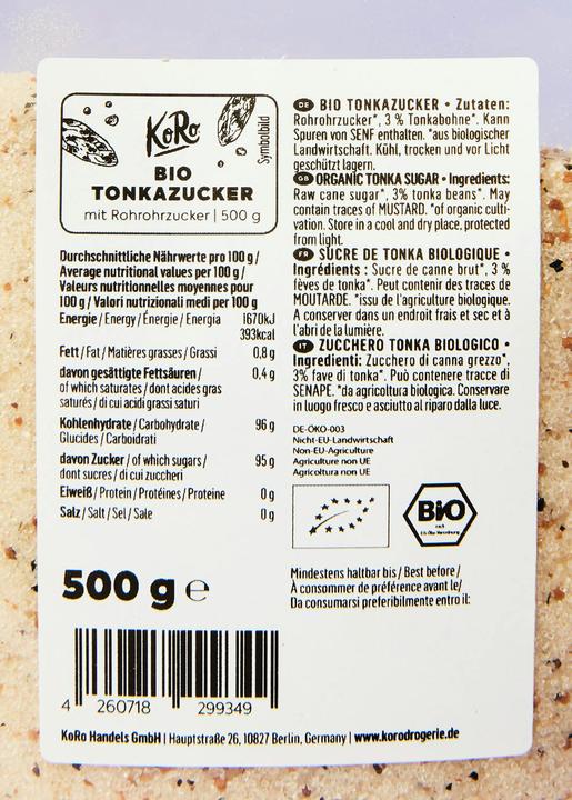 Valeurs nutritives et ingrédients KoRo Sucre tonka bio (500 g)