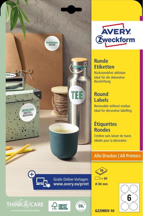Actual product image Avery Zweckform identification labels, Diameter: 80 mm white, round, re-usable, paper blank
