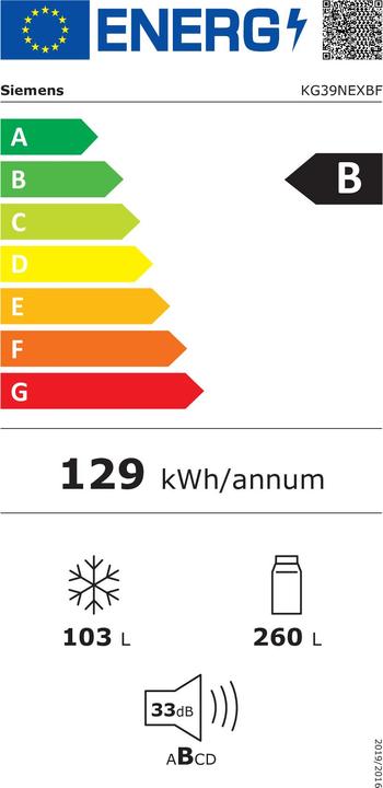 Label énergétique Siemens Combiné réfrigérateur/congélateur KG39NEXBF (363 l)
