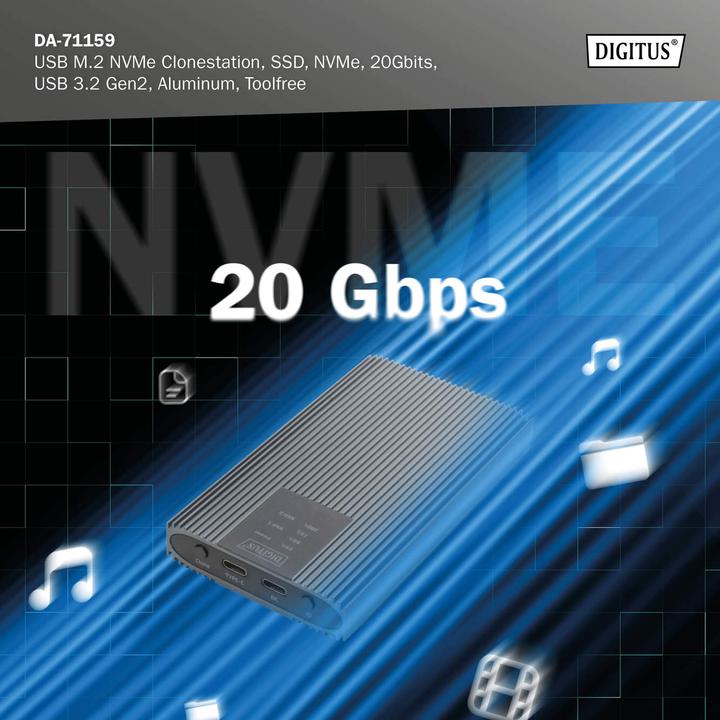 Immagine prodotto Digitus USB M.2 NVMe Clonestation, SSD, NVMe, 20Gbit, USB 3.2 Gen2, Alluminio, senza attrezzi (M.2 2280, M.2 2260, M.2 2242, M.2 2230)