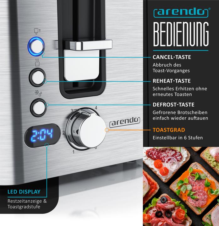 Produktbild Arendo Toaster Langschlitz, Edelstahl, Display mit Restzeitanzeige