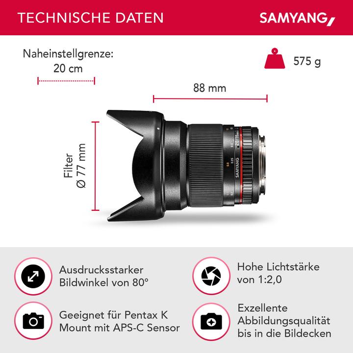 Immagine prodotto Samyang 16mm F2.0 Pentax (Pentax K, APS-C / DX)