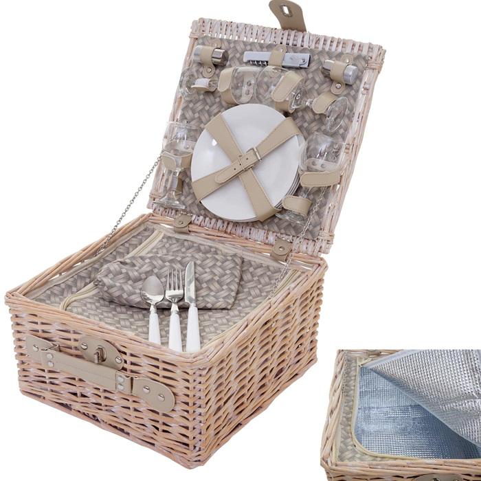 Produktbild Swisshandel24 Picknickkorb-Set für 4 Personen, Picknicktasche + Kühlfach, Porzellan Glas Edelstahl, beige
