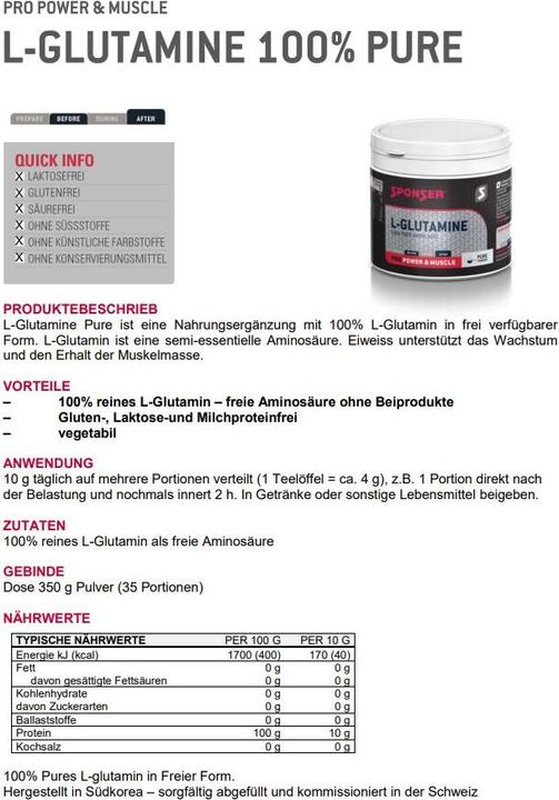 Nutritional values and ingredients Sponser L-Glutamin (1 Piece, Powder, 350 g)
