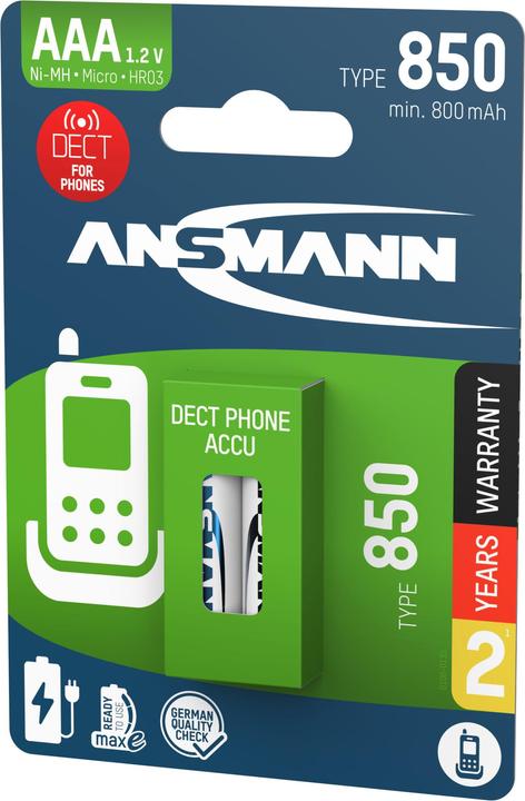 Actual product image Ansmann Dect NiMH battery Micro AAA type 850 (min. 800 mAh) maxE (2 pcs., AAA)