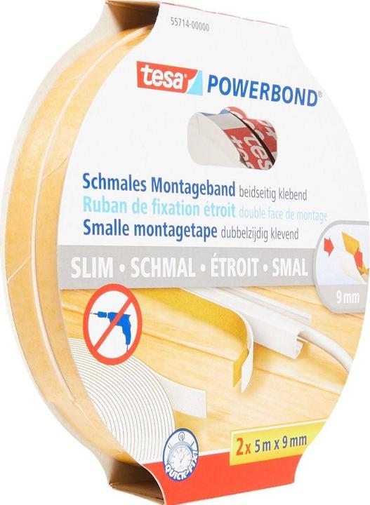 Produktbild tesa Powerbond SCHMAL doppelseitiges Montageband, 2 Rollen (9 mm)