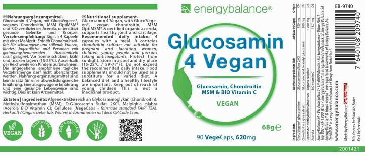 Valori nutrizionali e ingredienti Energybalance Glucosamina 4 Vegan 733mg (90 Pezzo/i, Pillole, 68 g)