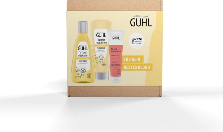 Guhl Blond Vorteils-Set - Inhalt: Shampoo, Spülung & Kur - 550 ml - Haartyp: blond, blondiert, fein (550 ml, Flüssiges Shampoo)