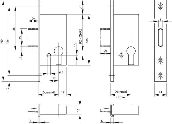 Produktbild BKS Einsteckriegelschloss 1308 PZ20/55 mm Stulp silber abgerundet (Einsteckschloss)