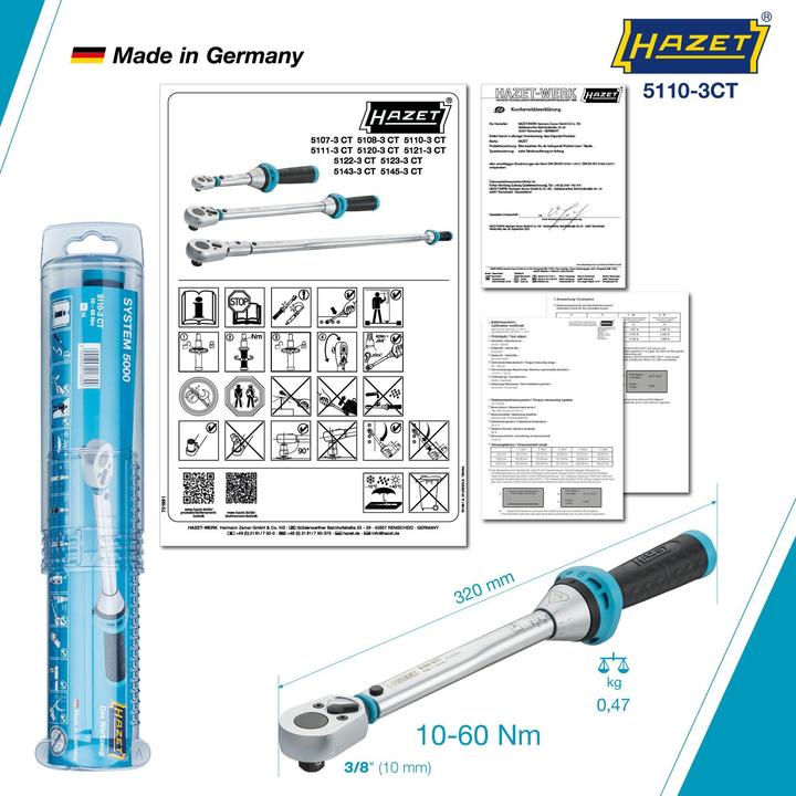 Image du produit HAZET Clé dynamométrique 5110-3CT ∙ Nm min.-max.: 10 - 60 Nm ∙ Tolérance : 3% ∙ Carré massif 10 mm … (3/8", 10 Nm, 60 Nm)