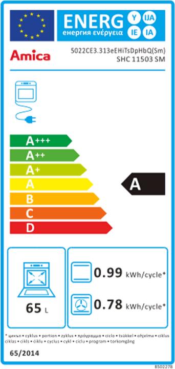 Label énergétique Amica Cuisinière avec plan de cuisson en vitrocéramique SHC 11503 SM Volume utile 65 l L x H x P