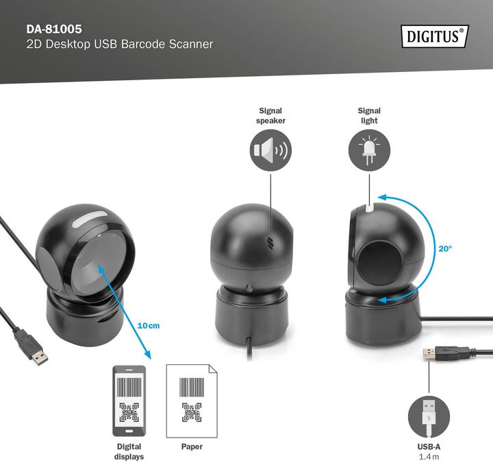 Produktbild Digitus 1D 2D Barcode Scanner Desktop (1D-Barcodes, 2D-Barcodes)