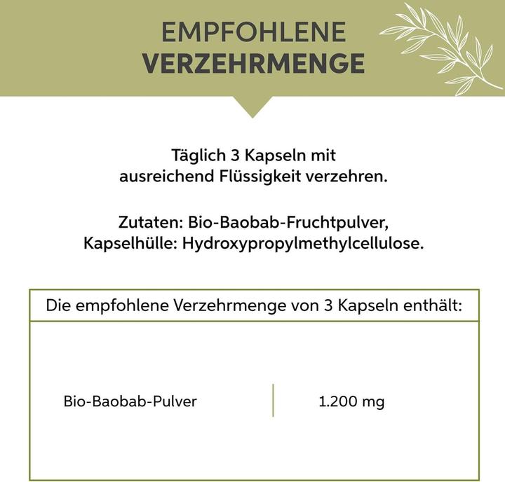 Valori nutrizionali e ingredienti Eltabia Capsule di Baobab Biologico | Alta Dose 1290mg al giorno (100 Pezzo/i, Pillole)