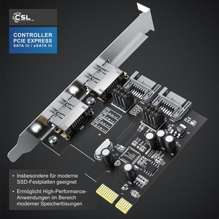 Produktbild CSL PCIe Karte, SATA III / eSata III, 2x intern SATA, 2x extern eSATA Controllerkarte