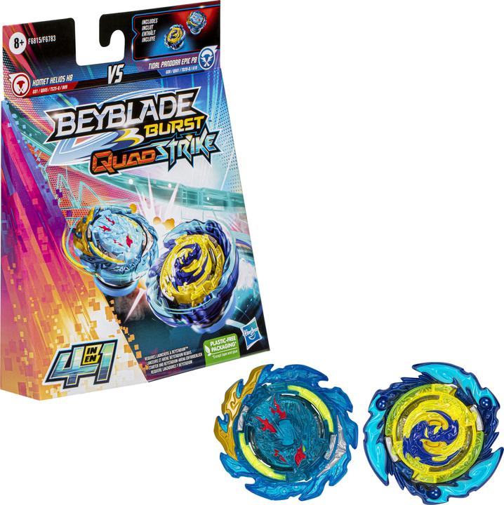 Image du produit Hasbro Beyblade Burst QuadStrike Comète Hélios H8 et Tidal Pandora Epic P8 Pack de deux toupies, cercle de