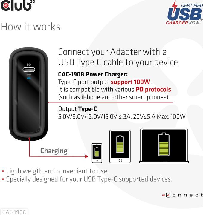 Immagine prodotto Club 3D Caricabatterie da viaggio Club3D 1xUSB Tipo C, PD 100W al dettaglio (100 W)