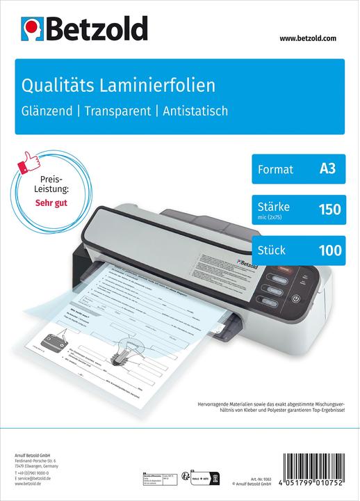 Betzold Karton mit 100 Laminierfolien, DIN A3, 150 mic (A3, 100 Stück, 150 µm)