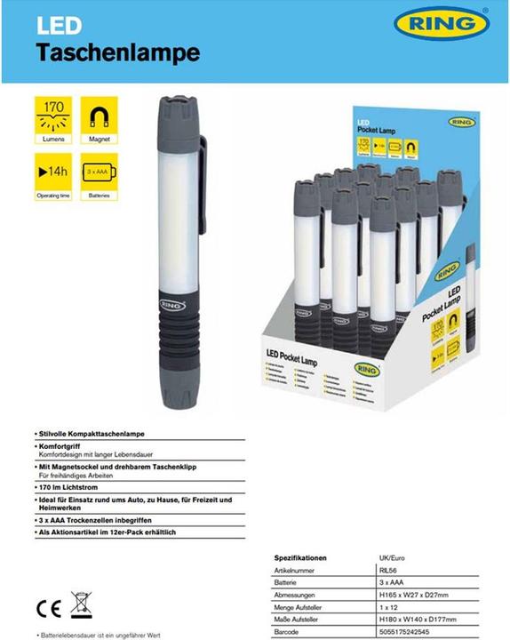Immagine prodotto Ring Automotive LED Leuchtstab inklusive Batterien, mit Magnet-Sockel und drehbarem Taschenklipp