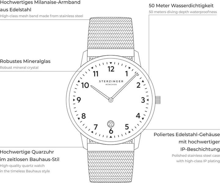 Produktbild Sterzinger Herren Quarzuhr Urban Edelstahl Schwarz - 30480 (Analoguhr, 38 mm)