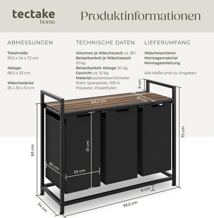 Image du produit tectake Panier à linge avec étagère, style industriel (38 l)