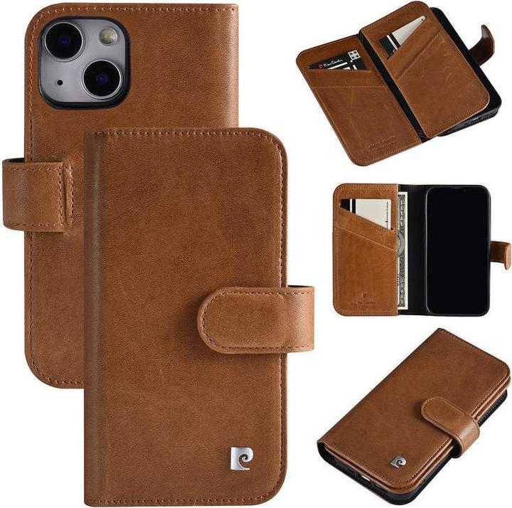 Actual product image Pierre Cardin Case iPhone 13 Mini - Genuine leather book case brown & 6 card slots (Apple iPhone 13 mini)