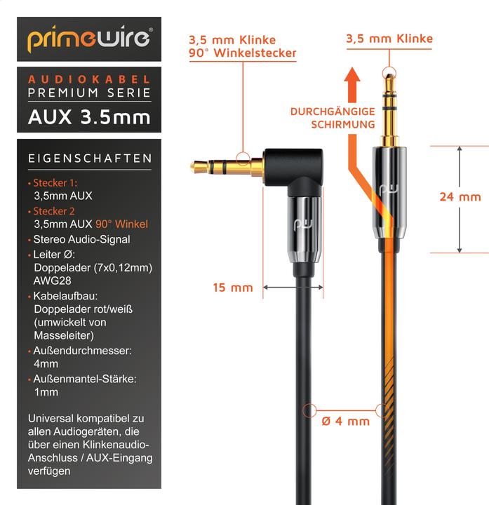 Immagine prodotto Primewire Cavo audio da AUX a Jack da 3,5 mm con angolo di 90°, cavo di connessione HiFi Jack per dispositivi (5 m, Connettore da 3,5 mm (AUX))