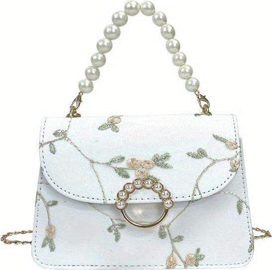 Only-Bags.Store Elegante, floral bestickte, quadratische Mini-Tasche mit Kunstperlen-Akzenten und verstellbarem