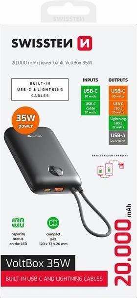 Actual product image Swissten Power Bank Voltbox 35w 20000 Mah With Built-In Cables USB-C and Lightning Black (20000 mAh, 35 W, 35 Wh)