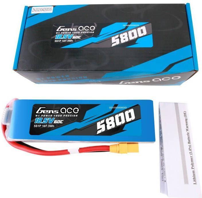 Actual product image Gens Ace 5800mAh 60C 18.5V 5S1P Lipo Battery Pack with XT90 plug (18.50 V, 5800 mAh)