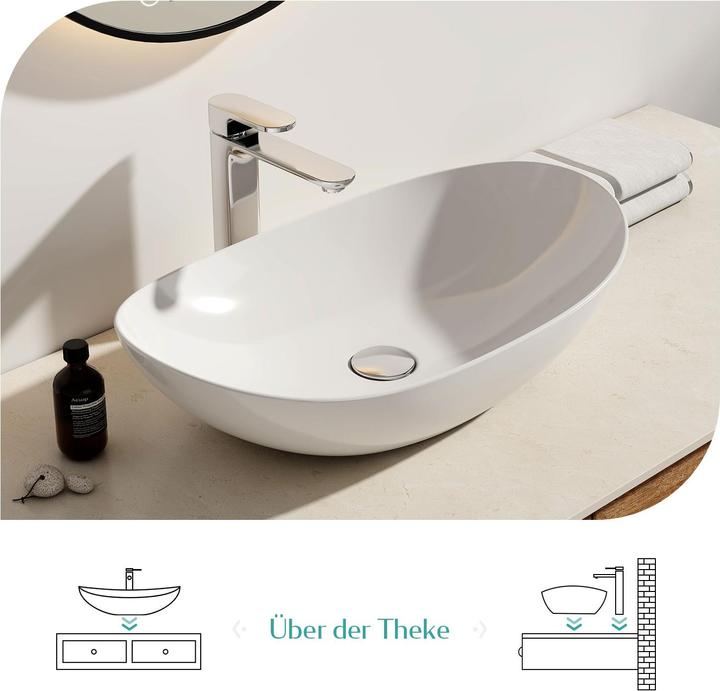 Produktbild Emke Aufsatzwaschbecken Ovales Waschbecken Keramik Waschbecken Waschtisch Weiss Glänzend 615 x 360 x (360 mm, 615 mm)