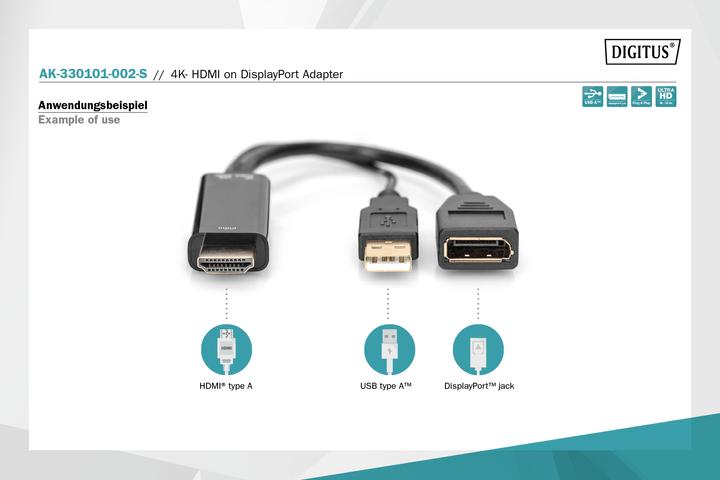 Image du produit Digitus HDMI - DisplayPort/USB A (0.20 m, HDMI, DisplayPort)