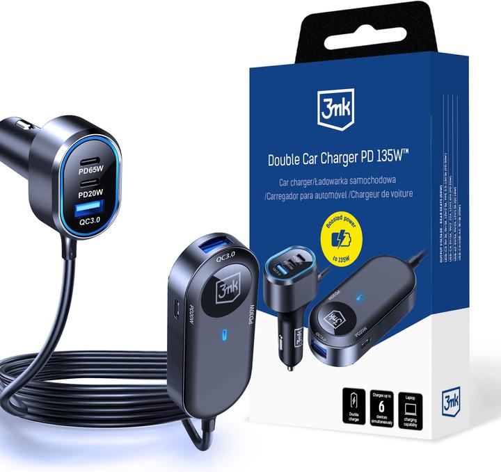 3MK Double Car Charger 135W PD QC PPS USB 2A4C Black/Gray