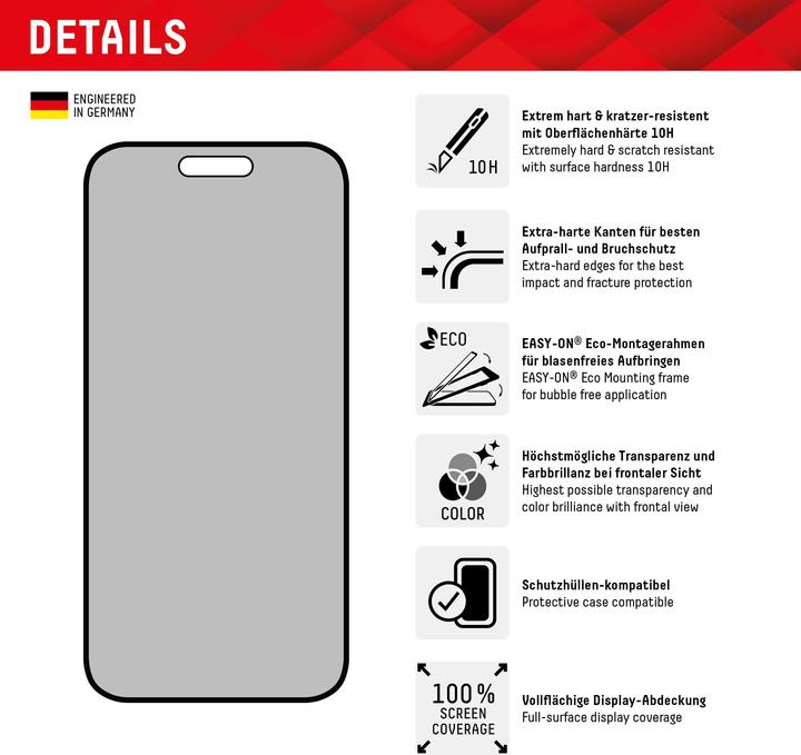 Produktbild Displex Real Glass, Privacy Full Cover Panzerglas (1 Stück, Apple iPhone 15 Pro, Apple iPhone 15)