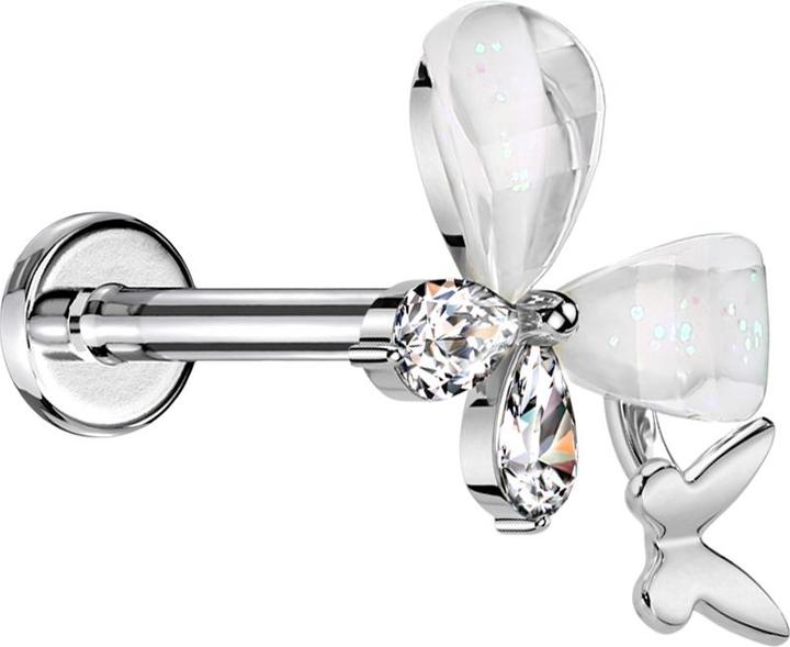 Produktbild Star Piercing Micro Threadless Labret silber zwei Schmetterlinge silber Kristalle silber (Chirurgenstahl 316L, Messing)