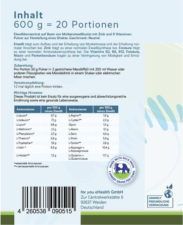 Nutritional values and ingredients For You whey protein isolate neutral - from Irish pasture farming, lactose-free (Neutral)