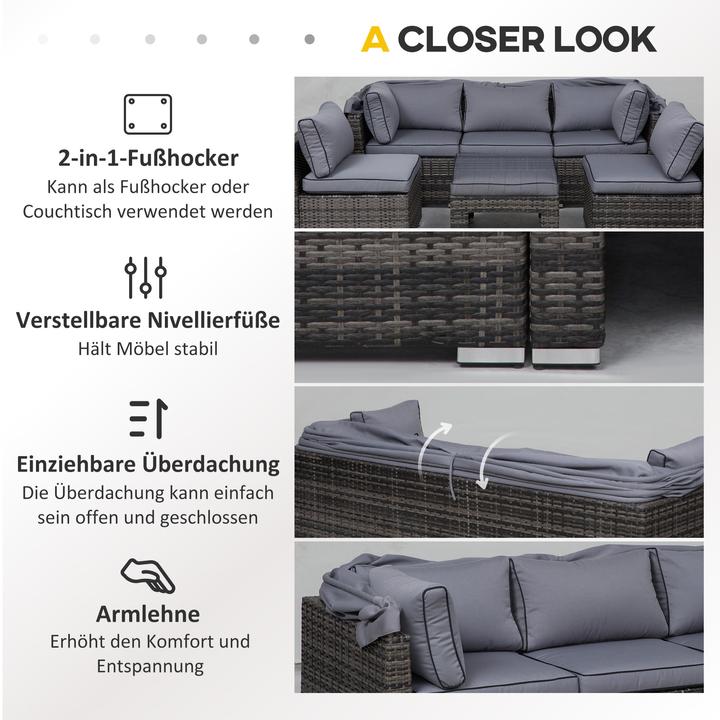 Produktbild Outsunny Polyrattan Lounge-Set mit Sonnendach, Kissen und Beistelltisch