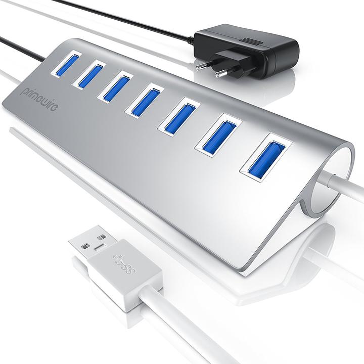 Produktbild Primewire 7 Port USB 3.0 Hub inkl. 1m Verlängerungskabel, USB Hub Alu Gehäuse & Netzteil (USB-A, 7 Ports)
