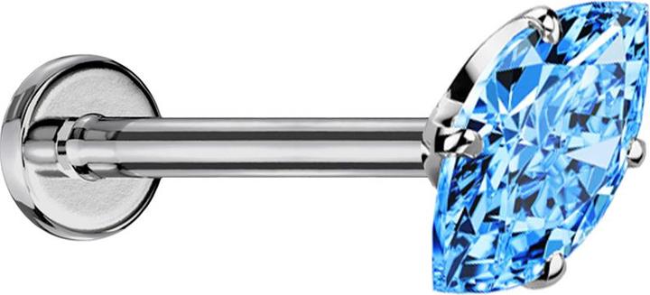 Star Piercing Micro Threadless Labret silber mit Oval Kristall aqua gefasst (ohne Messing, Titan G23)