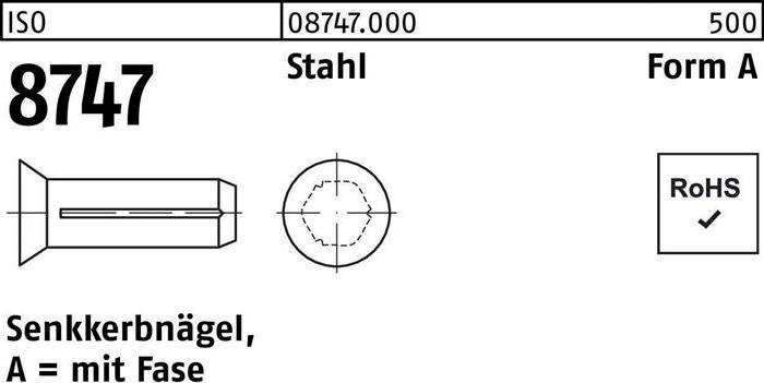 Countersunk grooved nail ISO 8747 with chamfer 4 x 10 steel ISO 8747